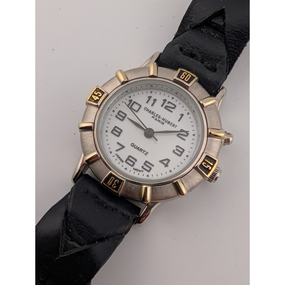 Charles Hubert Paris‎ Watch Women 28mm Case Black Leather Band- New Battery